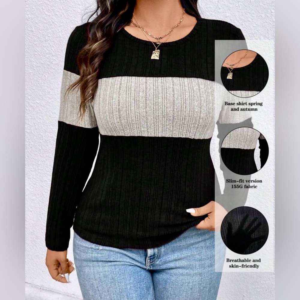 Contrast Color Round Neck Ribbed Long Sleeve Casual T-Shirt